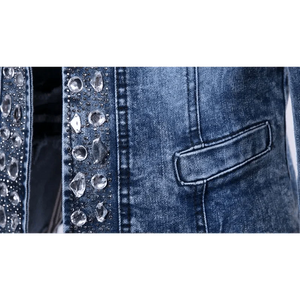 Luxury Spring Fashionable Women Denim Jacket Slim Zipper Casual Short Sequins Outerwear Ladies Vintage Crystal Biker