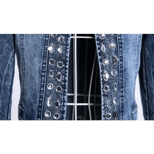 Luxury Spring Fashionable Women Denim Jacket Slim Zipper Casual Short Sequins Outerwear Ladies Vintage Crystal Biker