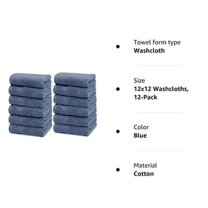 Resort Collection Soft Washcloth Face Body Towel Set 12 Pack Blue 12x12 Luxury