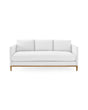 The Barton Sofa is a modern white piece featuring three cushions set against a clean, white background. It boasts a minimalist design with wooden legs, offering a stylish and contemporary look.