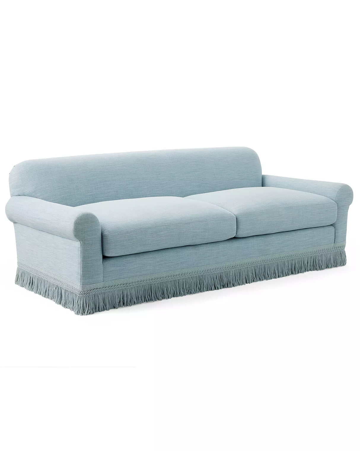 The Cambridge Sofa - Washed Linen, in light blue, features rolled arms and a fringe along the bottom edge as it sits against a white background. With its classic design, it includes two seat cushions and a smooth backrest.