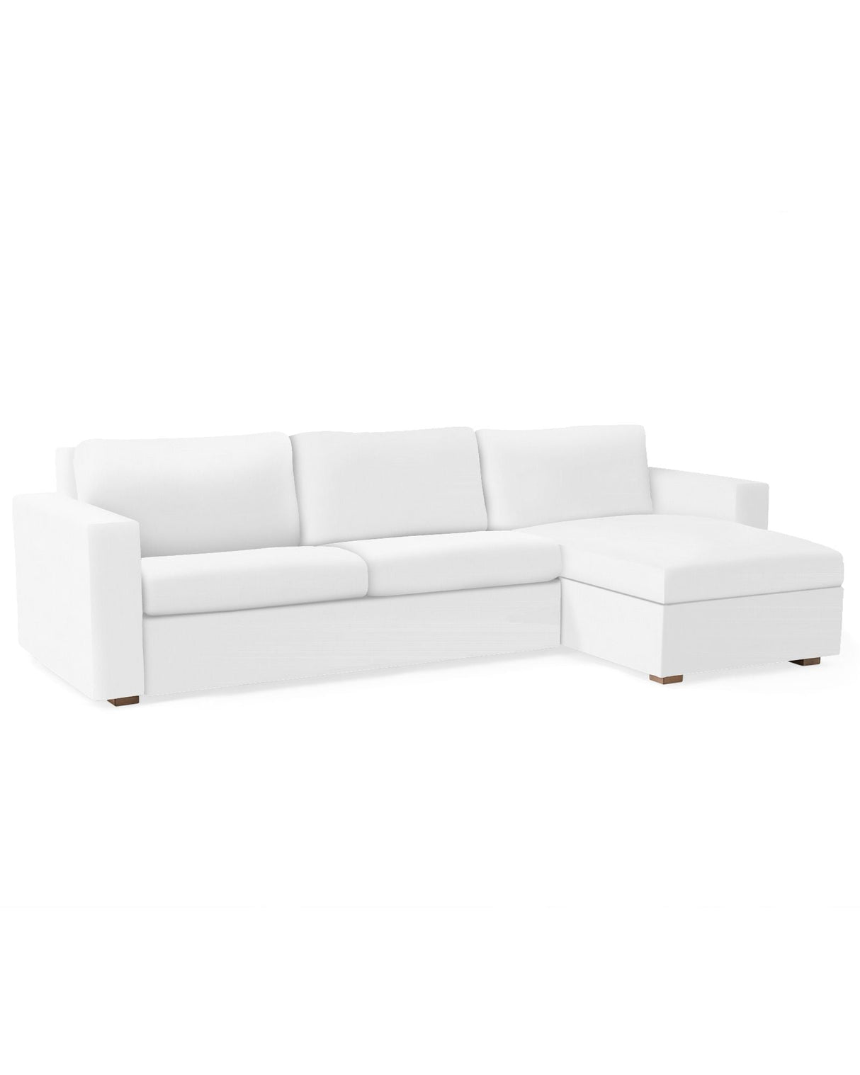 A Conover Sleeper Chaise Sectional in white, featuring an L-shaped design with cushioned seats and a right-side chaise, set against a plain white background.