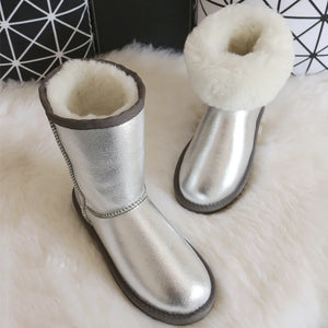 Genuine White Waterproof Women's Sheepskin Snow Boots