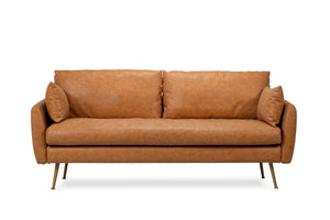 Introducing the Park Sofa, crafted from distressed vegan leather in a rich brown hue. This elegant piece features clean lines with two seat cushions and two back cushions, complemented by angled armrests and supported by sleek, slender metal legs.