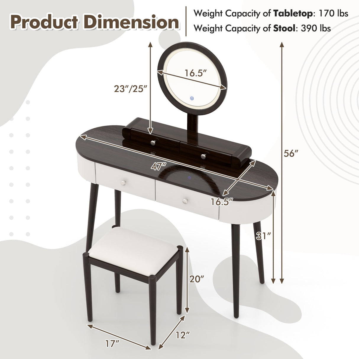 Makeup Vanity Table Set with LED Mirror and 3 Spacious Drawers-White-Brown