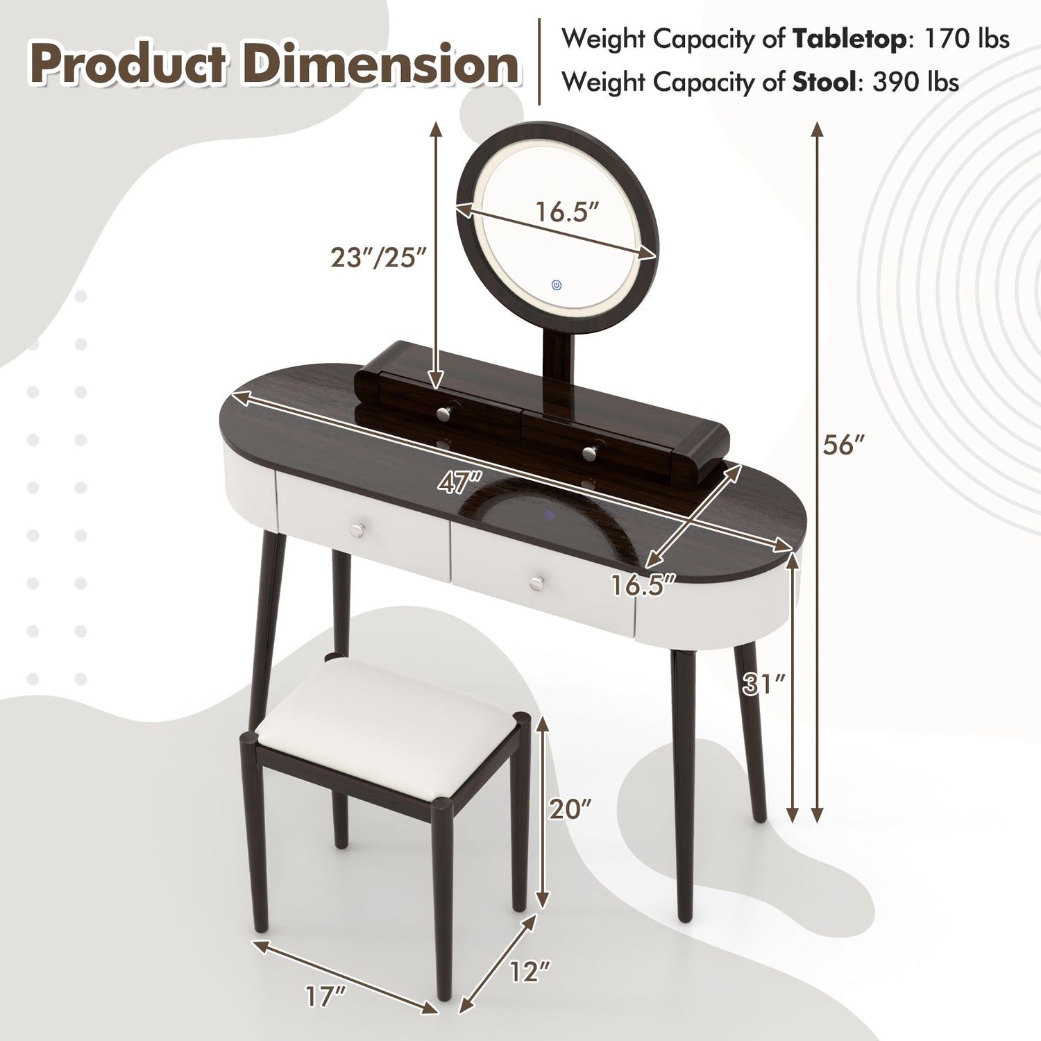 Makeup Vanity Table Set with LED Mirror and 3 Spacious Drawers-White-Brown