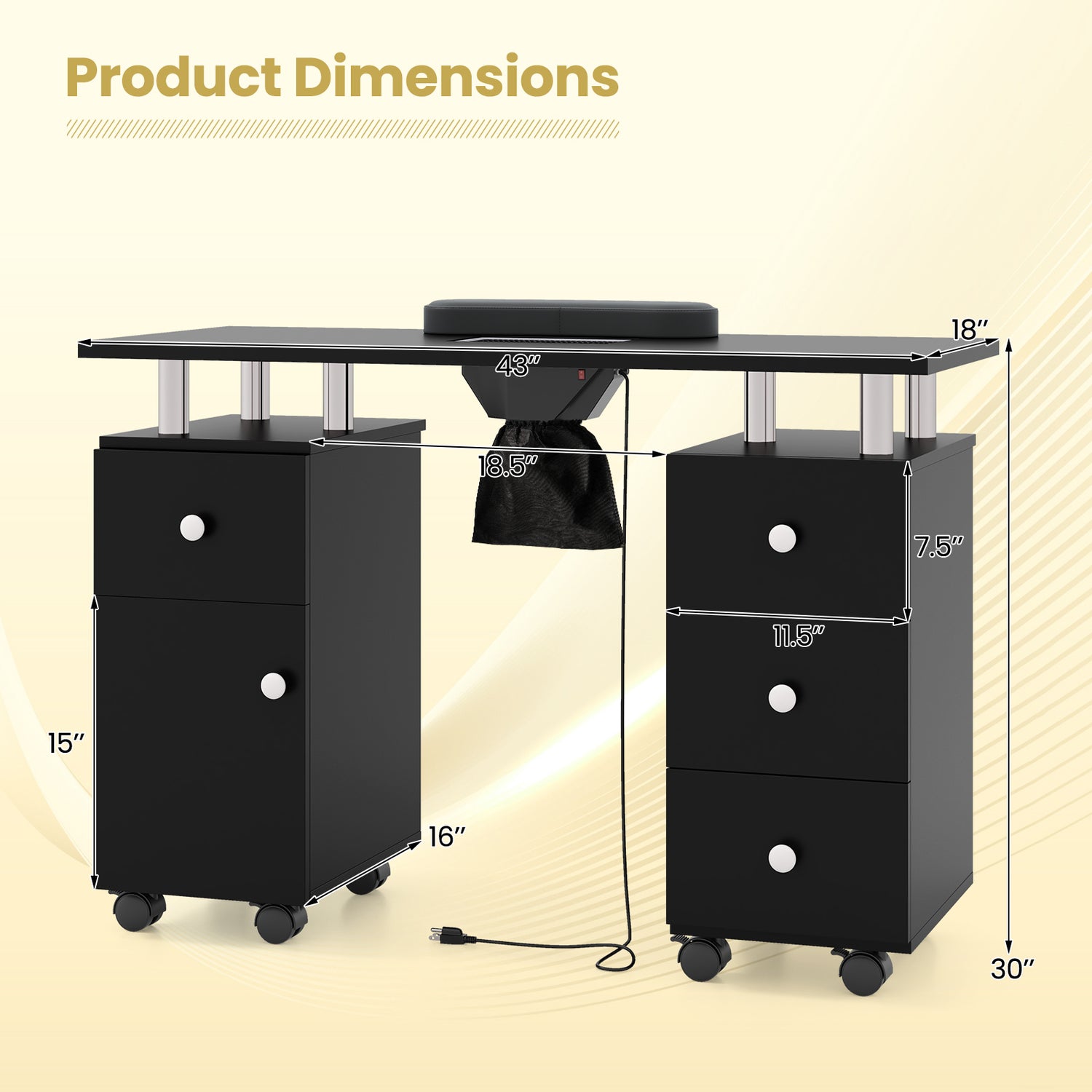 Manicure Table Nail Desk with Electric Dust Collector and 3 Dust Bags-Black