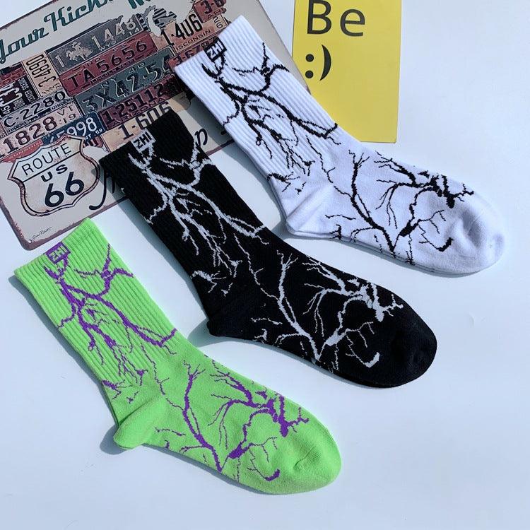 Marble Print Style Harajuku Skateboard Long Socks Creative Fun Lightning Hip Hop Style Socks Streetwear Casual Cotton Socks Unisex Street Couple Socks For Men And Women