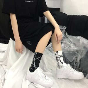 Marble Print Style Harajuku Skateboard Long Socks Creative Fun Lightning Hip Hop Style Socks Streetwear Casual Cotton Socks Unisex Street Couple Socks For Men And Women