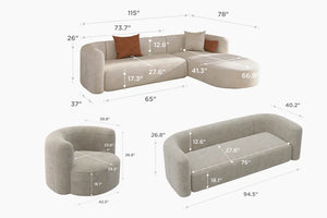 The Mellow Sectional Sofa by Acanva is a beige sectional featuring a chaise lounge. Its top view dimensions are 115" x 78", with a seat depth ranging from 27.6" to 66.9", and it stands at a height of 26.6". It includes both a curved chair and an extended sofa component, each with detailed measurements, and comes with two brown square cushions.