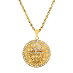 Men's 18k Gold Plated Stainless Steel and Simulated Diamonds Round Basketball Pendant