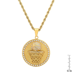 Men's 18k Gold Plated Stainless Steel and Simulated Diamonds Round Basketball Pendant