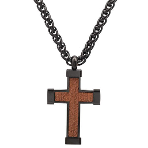 Men's Black IP Stainless Steel and Wood Cross Pendant