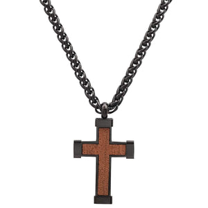Men's Black IP Stainless Steel and Wood Cross Pendant
