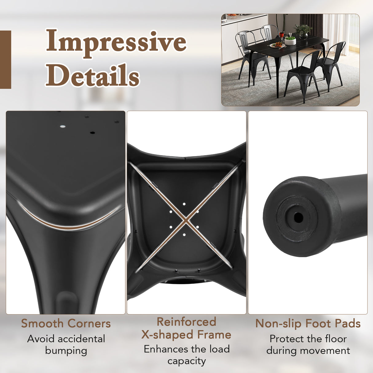 Metal Dining Chairs Set of 4 with Removable Backrest for Dining Room Restaurant Living Room-Black