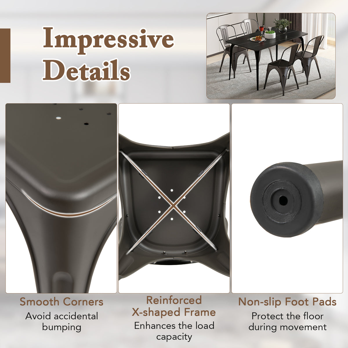 Metal Dining Chairs Set of 4 with Removable Backrest for Dining Room Restaurant Living Room-Gun
