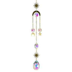 Metallic Hoop Moon Sun Catcher Hanging Crystal Pendant Chandelier Lamps Light Crystals Glass Pendants Light Rainbow Maker Wind Chime Hanging Drop Gift of Good Luck Garden Decor Hanging Ornament For Home Decoration