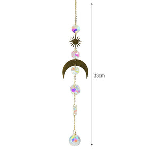 Metallic Hoop Moon Sun Catcher Hanging Crystal Pendant Chandelier Lamps Light Crystals Glass Pendants Light Rainbow Maker Wind Chime Hanging Drop Gift of Good Luck Garden Decor Hanging Ornament For Home Decoration