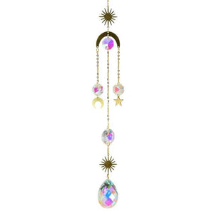 Metallic Hoop Moon Sun Catcher Hanging Crystal Pendant Chandelier Lamps Light Crystals Glass Pendants Light Rainbow Maker Wind Chime Hanging Drop Gift of Good Luck Garden Decor Hanging Ornament For Home Decoration