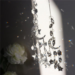 Metallic Hoop Moon Sun Catcher Hanging Crystal Pendant Chandelier Lamps Light Crystals Glass Pendants Light Rainbow Maker Wind Chime Hanging Drop Gift of Good Luck Garden Decor Hanging Ornament For Home Decoration