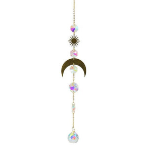 Metallic Hoop Moon Sun Catcher Hanging Crystal Pendant Chandelier Lamps Light Crystals Glass Pendants Light Rainbow Maker Wind Chime Hanging Drop Gift of Good Luck Garden Decor Hanging Ornament For Home Decoration