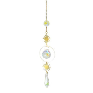 Metallic Hoop Moon Sun Catcher Hanging Crystal Pendant Chandelier Lamps Light Crystals Glass Pendants Light Rainbow Maker Wind Chime Hanging Drop Gift of Good Luck Garden Decor Hanging Ornament For Home Decoration