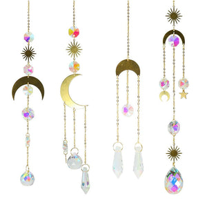 Metallic Hoop Moon Sun Catcher Hanging Crystal Pendant Chandelier Lamps Light Crystals Glass Pendants Light Rainbow Maker Wind Chime Hanging Drop Gift of Good Luck Garden Decor Hanging Ornament For Home Decoration