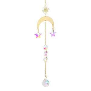 Metallic Hoop Moon Sun Wind Chimes K9 Crystal Prisms Hanging Sun-catcher Rainbow Chaser Window Curtains Pendant Home Decor Gifts For Wall Hanging Decor Room Home Photography Prop