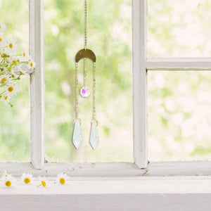 Metallic Hoop Moon Sun Wind Chimes K9 Crystal Prisms Hanging Sun-catcher Rainbow Chaser Window Curtains Pendant Home Decor Gifts For Wall Hanging Decor Room Home Photography Prop