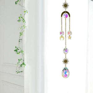 Metallic Hoop Moon Sun Wind Chimes K9 Crystal Prisms Hanging Sun-catcher Rainbow Chaser Window Curtains Pendant Home Decor Gifts For Wall Hanging Decor Room Home Photography Prop