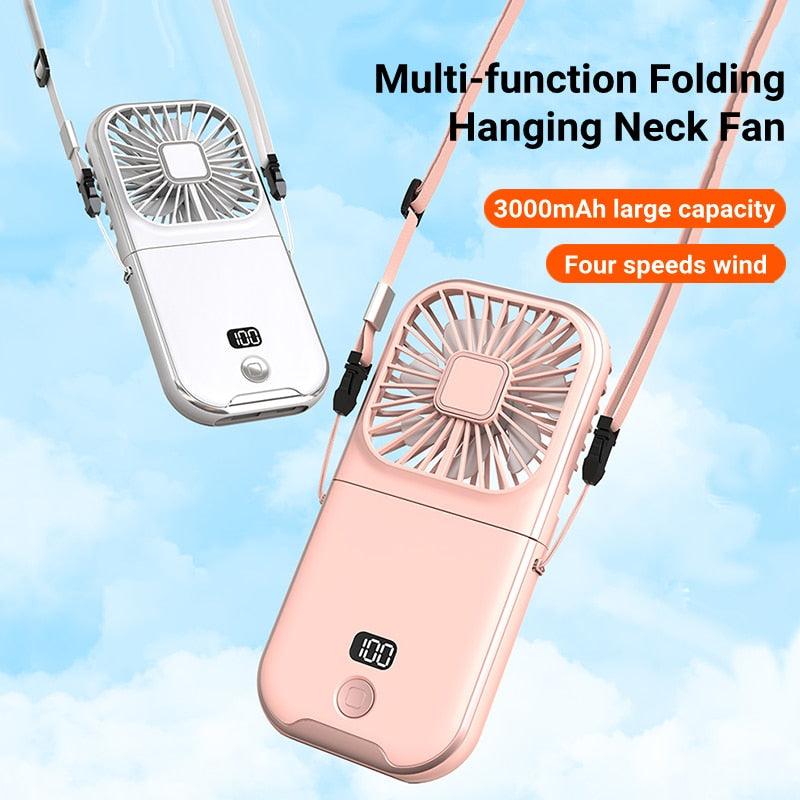 Mini Portable Outdoor Hand Fan Hanging Neck Fan USB Charging 3000mAh Battery Powered 180° Folding Wireless Table Air Cooling Fan 4 Adjustable Speed Portable Pocket Fan for Office Outdoor Travel