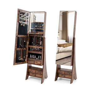 Freestanding Full Length LED Mirrored Jewelry Armoire with 6 Drawers-Rustic Brown
