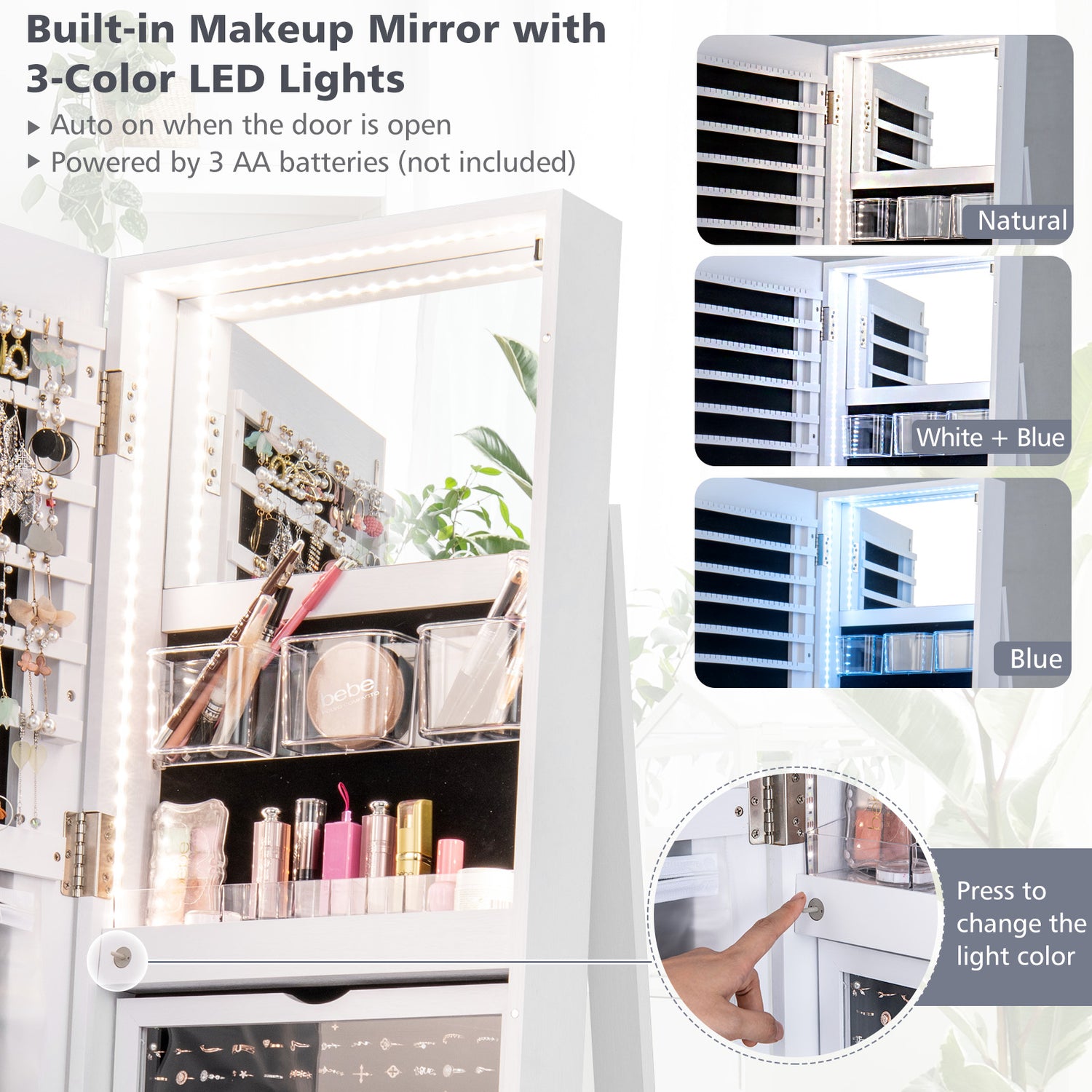 360 ° Rotating Mirrored Jewelry Cabinet Armoire 3 Color LED Modes Lockable-White