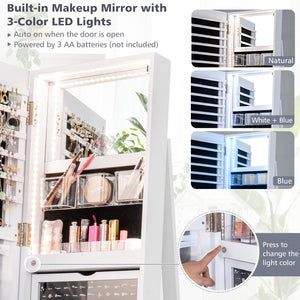 360 ° Rotating Mirrored Jewelry Cabinet Armoire 3 Color LED Modes Lockable-White