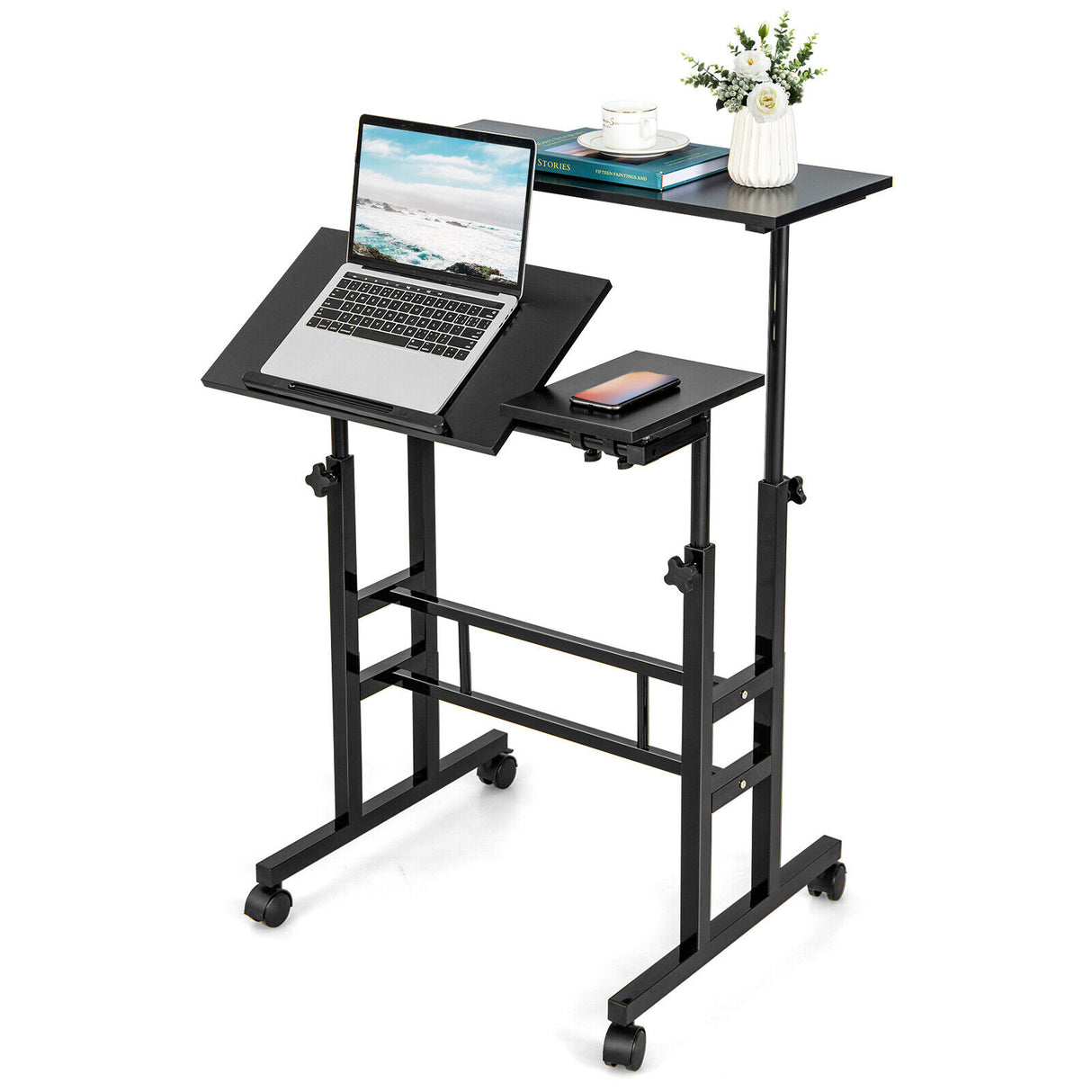 Mobile Standing up Desk Adjustable Computer Desk Tilting Workstation-Walnut
