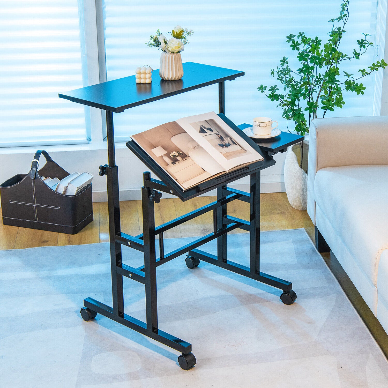 Mobile Standing up Desk Adjustable Computer Desk Tilting Workstation-Walnut