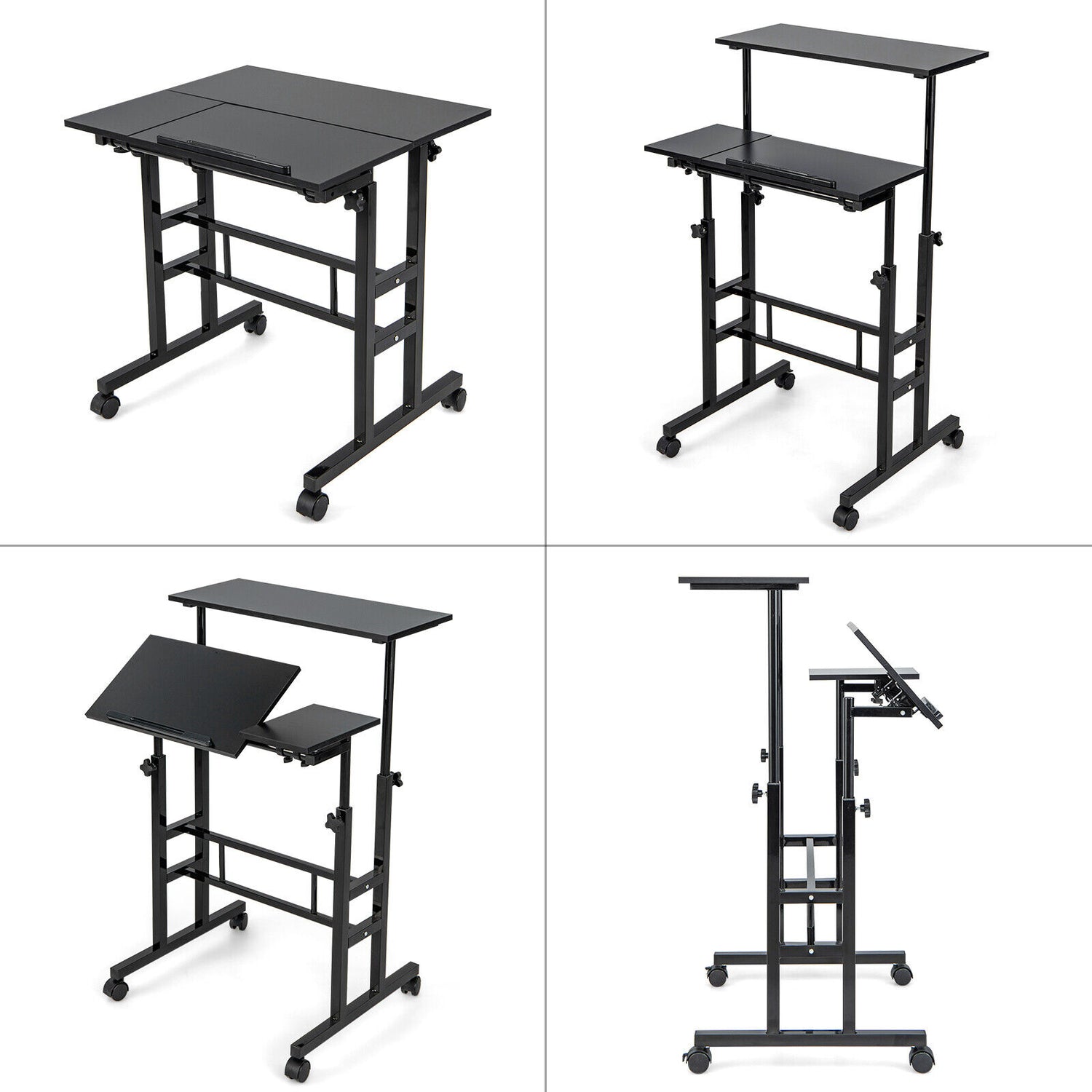 Mobile Standing up Desk Adjustable Computer Desk Tilting Workstation-Walnut