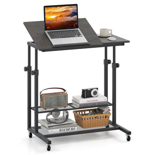 Mobile Stand up Desk Height Adjustable Standing Table with Tilting Tabletop-Oak