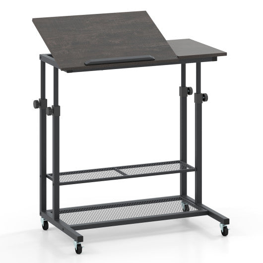 Mobile Stand up Desk Height Adjustable Standing Table with Tilting Tabletop-Oak