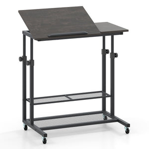 Mobile Stand up Desk Height Adjustable Standing Table with Tilting Tabletop-Oak