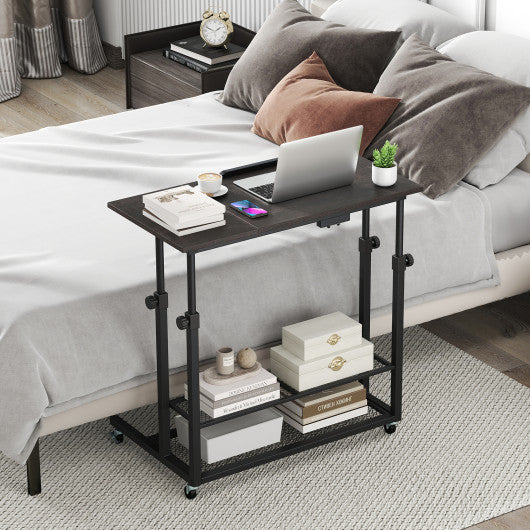 Mobile Stand up Desk Height Adjustable Standing Table with Tilting Tabletop-Oak