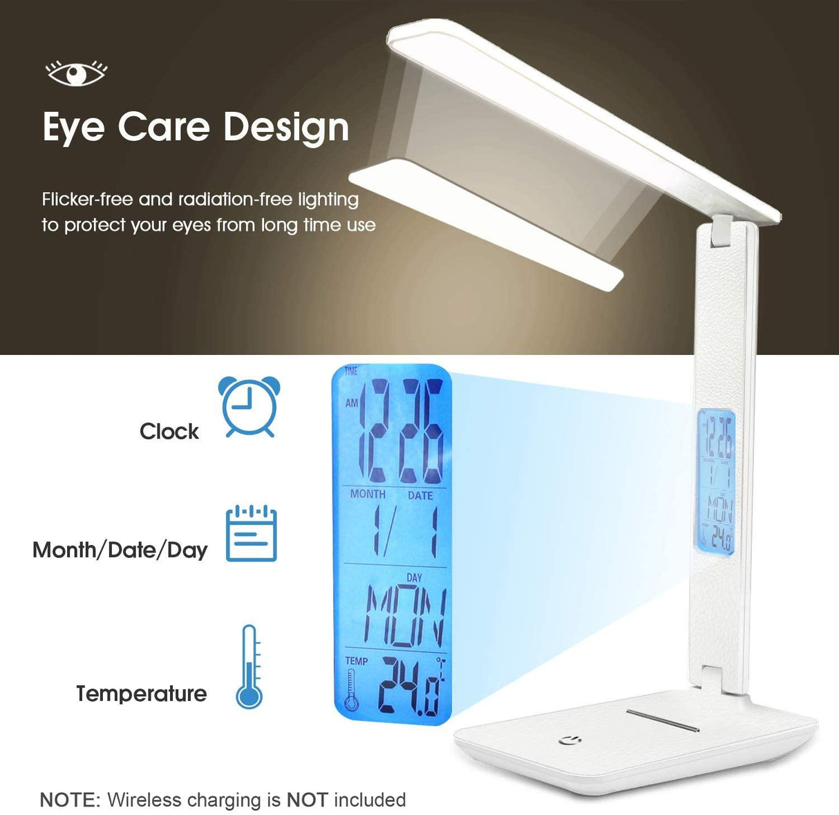 Modern Business Led Office Desk Lamp Touch Dimmable Foldable With Calendar Temperature Alarm Clock table Reading Light Decorative Table Lamp Cute Study Lamps for Bedroom Décor
