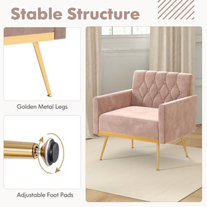 Modern Velvet Accent Chair with Button Tufted Back Golden Metal Legs and Adjustable Foot Pads-Pink