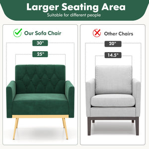 Modern Velvet Accent Chair with Button Tufted Back Golden Metal Legs and Adjustable Foot Pads-Turquoise