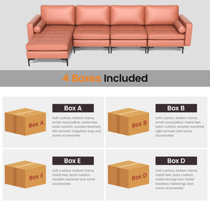 Modular L-shaped 4-Seat Sectional Sofa with Reversible Chaise and 2 USB Socket-Pink