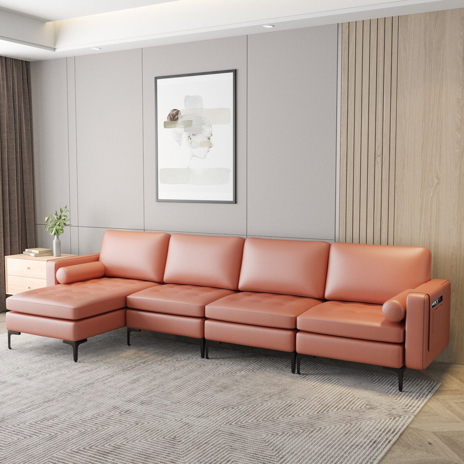 Modular L-shaped 4-Seat Sectional Sofa with Reversible Chaise and 2 USB Socket-Pink