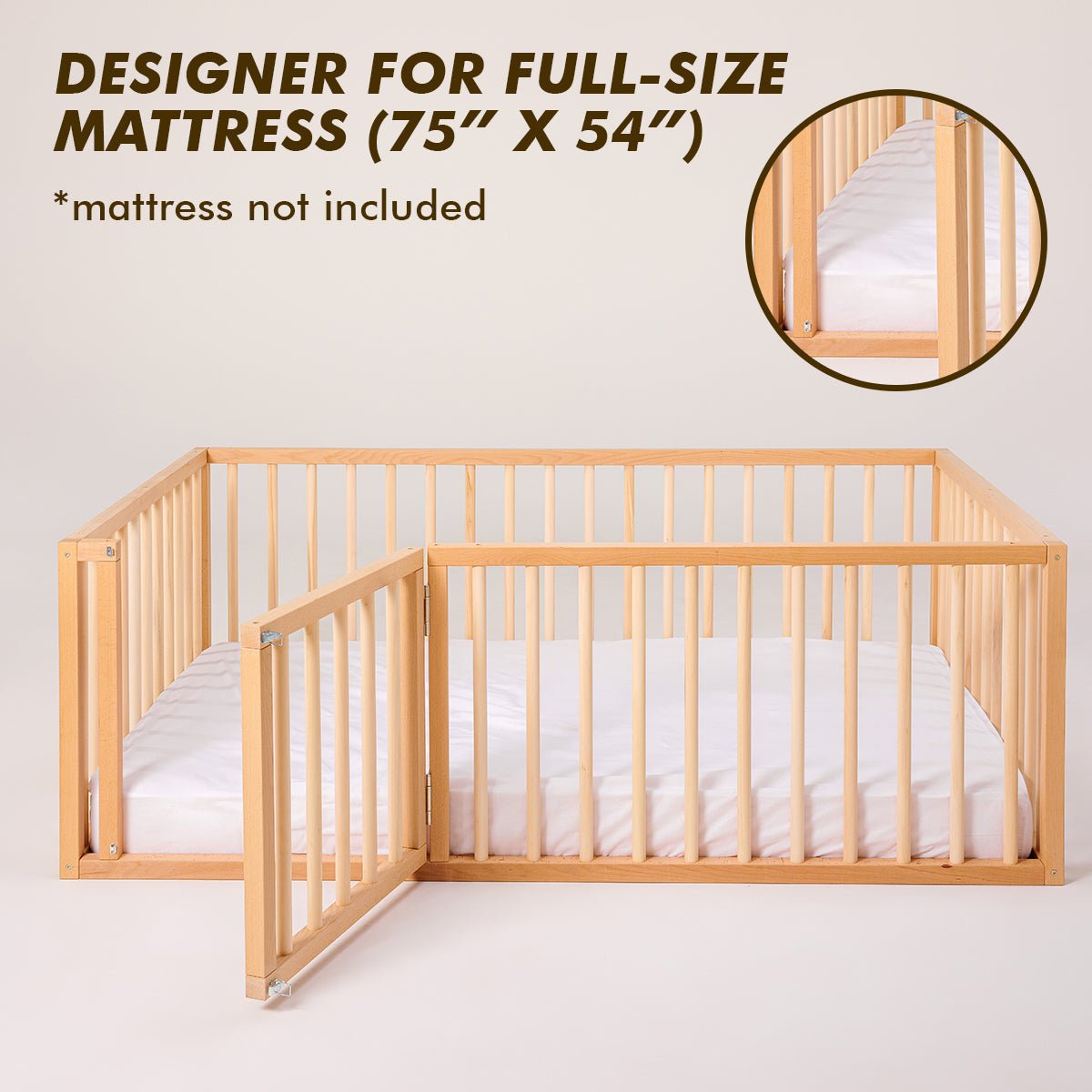 Full Montessori Floor Bed Frame for Toddlers with Fence