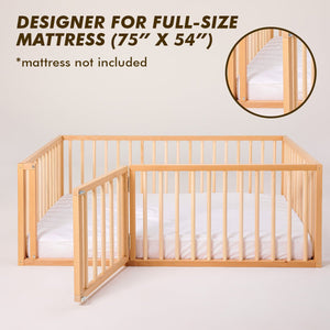Full Montessori Floor Bed Frame for Toddlers with Fence