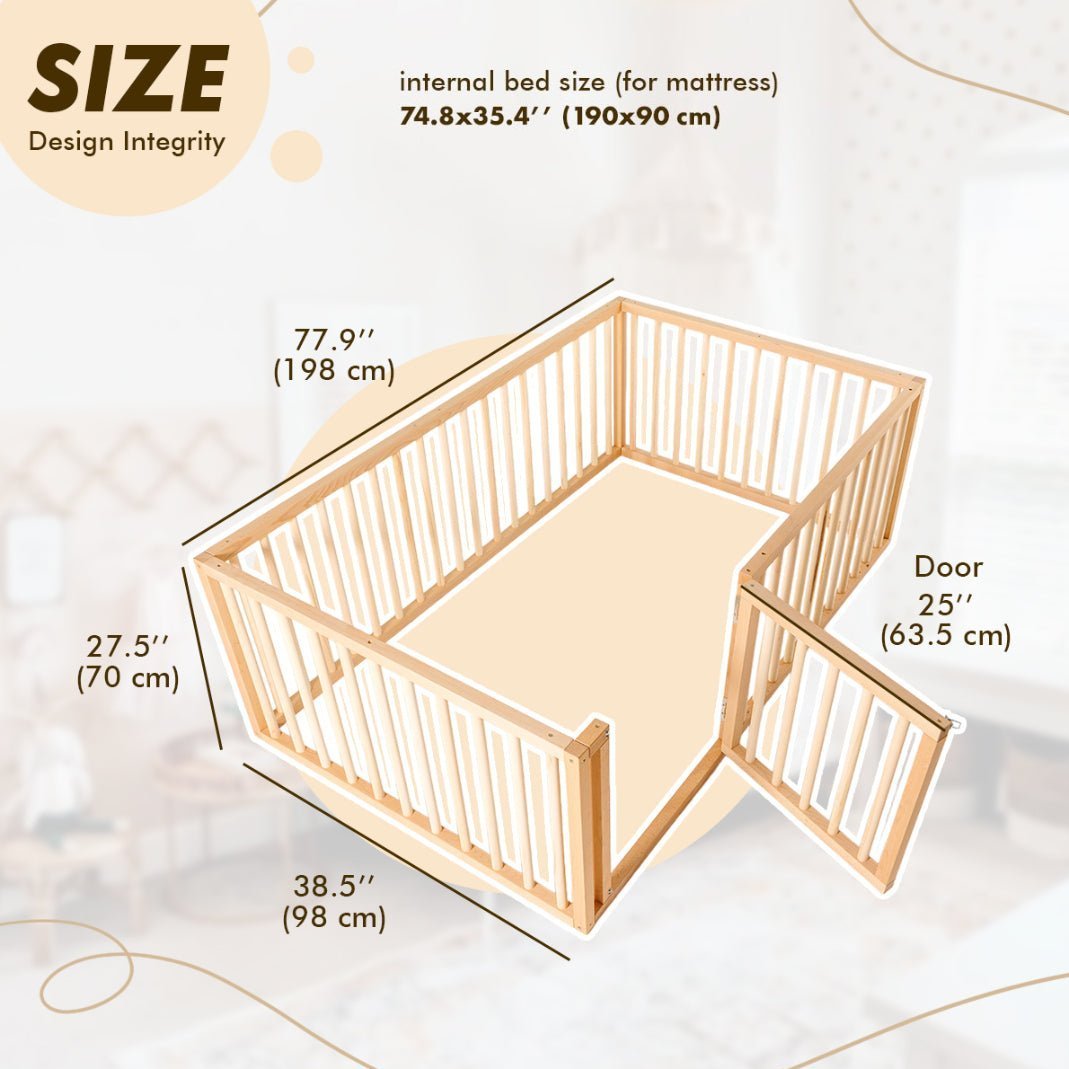 Montessori Floor Bed Frame for Toddlers with Fence