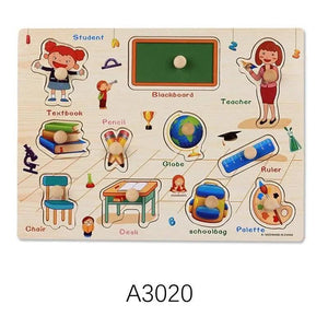 Montessori Wooden Puzzles Hand Grab Boards Toys Tangram Baby Educational Toys Cartoon Vehicle Animals Fruits 3D Puzzles